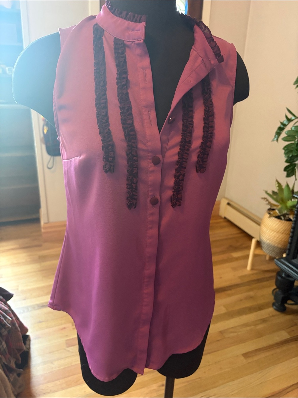 ModCloth Sleevelessw Ruffle-Trim Blouse in Magenta